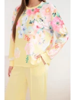 Dámský máslový viskózový komplet s květinovým vzorem se širokými nohavicemi žlutý