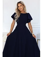 694-4 MIRELLA Elegantní maxišaty s rozšiřujícím se střihem a flitrovými rukávy – tmavě modré 694-4 MIRELLA Elegantní maxišaty s rozšiřujícím se střihem a flitrovými rukávy – tmavě modré