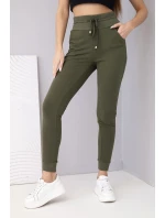 Dámské teplákové kalhoty s vysokým pasem a šňůrkou khaki