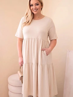 Dámské bavlněné šaty Plus Size s krátkým rukávem a volánem světle béžová