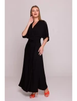 S406 Viskózové maxi šaty se zavinovacím vzorem - černé