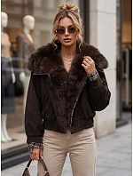 Krátká dámská semišová bunda s kožešinou, hnědá, FashionStreet TY5843 Krátká dámská semišová bunda s kožešinou, hnědá, FashionStreet TY5843