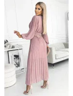 414-2 KLARA plisované šaty s páskem a výstřihem - pudrově růžové