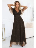 635-4 MELANIA dlouhé lesklé šaty s výstřihem a krátkými rukávy - čokoládové 635-4 MELANIA dlouhé lesklé šaty s výstřihem a krátkými rukávy - čokoládové