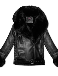 Černá dámská bunda ramoneska s kožešinovým límcem (61M8507-392A)