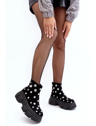 Kožené semišové zateplené kotníčková obuv s krystaly D A MR52-205 Černé Botki Damskie