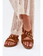 Dámské Sandály Na Plochém Podpatku Se Zlatými Hřeby Karamel Zanira