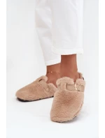 Kožešinové dámské pantofle na platformě s páskem a přezkou béžové Noraline