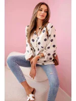 Lněná dámská halenka s květinovým vzorem, dlouhými rukávy a knoflíky Béžová