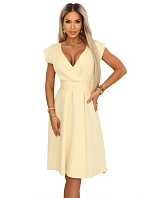 348-13 SCARLETT rozšířené midi šaty s obálkovým výstřihem a páskem - máslově žluté