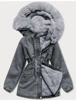 Černo/šedá dámská džínová bunda s kožešinovou podšívkou (br8048-109)