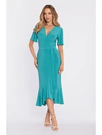 M912 Zavinovací midi šaty s volánem a řasením - tyrkysové
