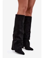 Dámské zateplené kozačky s vyhrnutou špičkou na sloupkovém podpatku Elivira – černé