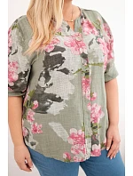 Dámská bavlněná halenka Plus Size s výstřihem do V v květinovém vzoru khaki