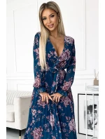 519-3 Plisované šifonové dlouhé šaty s výstřihem, dlouhými rukávy a páskem - MODRÉ s květy 519-3 Plisované šifonové dlouhé šaty s výstřihem, dlouhými rukávy a páskem - MODRÉ s květy