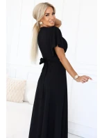 581-7 JENNIFER dlouhé šaty s rozparkem na nohou, rukávy a výstřihem - černé