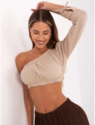 Krátká béžová dámská halenka přes jedno rameno (5267)