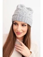 Dámská zimní čepice s vlnou zdobená flitry a pleteninou K473 šedá