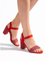 Originální červené  sandály dámské na širokém podpatku