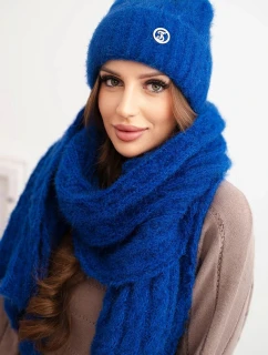Dámský komplet čepice a šály s proužky s ozdobou modrý