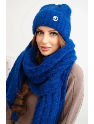 Dámský komplet čepice a šály s proužky s ozdobou modrý