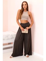 Široké dámské viskózové kalhoty s elastickým pasem hnědá