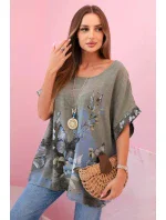 Dámská bavlněná košile s motýly a květinami khaki