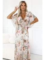 603-2 Vzdušné maxi šaty s obálkovým výstřihem a květinovým vzorem - Béžové růže