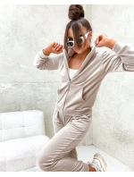 Béžový dámský velurový komplet s rozepínací mikinou (771)