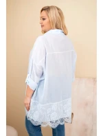 Dámská košile Plus Size bavlněná s krajkovým lemem modrá