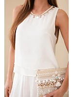 Dámský komplet z viskózy s topem bez rukávů a širokými kalhotami s ozdobným zakončením ecru