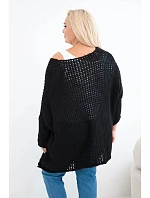 Dámský svetr oversized krajkový s výstřihem do V a delším zadkem černý