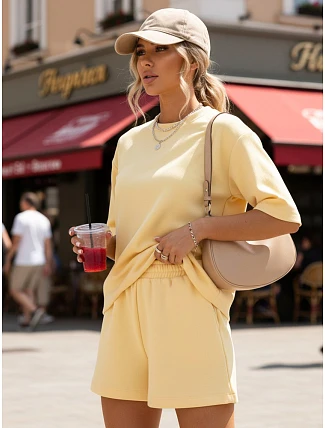 Dámský letní pruhovaný komplet Polský výrobek žlutý FashionStreet AY1163 Dámský letní pruhovaný komplet Polský výrobek žlutý FashionStreet AY1163