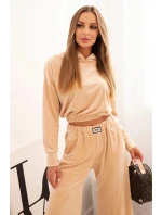 Dámská souprava z veluru se širokými nohavicemi a mikinou s kapucí béžová