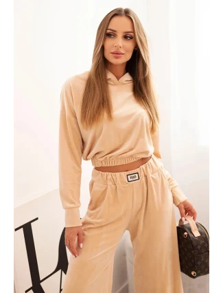 Dámská souprava z veluru se širokými nohavicemi a mikinou s kapucí béžová