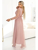 664-1 Dlouhé maxi šaty s tylovými rukávy a obálkovým výstřihem - pudrově růžové