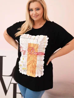 Dámská bavlněná halenka Plus Size s potiskem „Day Dream“ černá + oranžová