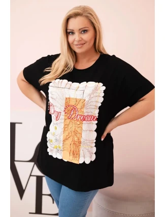 Dámská bavlněná halenka Plus Size s potiskem „Day Dream“ černá + oranžová