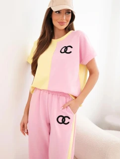 Dámská máslová souprava s oversize mikinou a širokými kalhotami světle růžová + žlutá