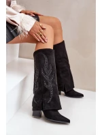 Zdobené kozačky s ohrnutým svrškem na podpatku černé Ivilta