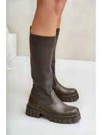 Kozačky s elastickým svrškem na plochém podpatku tmavě zelené Mesidra