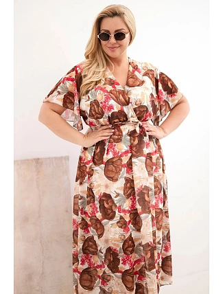 Dámské šaty Plus Size v květinovém vzoru s vázáním hnědá