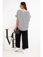 Dámská viskózová souprava s pruhovanou blůzou a širokými kalhotami s gumou černý