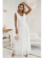 637-8 Dlouhé maxi šaty s brokátovým akcentem a hlubokým výstřihem - ecru barva