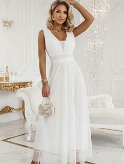 637-8 Dlouhé maxi šaty s brokátovým akcentem a hlubokým výstřihem - ecru barva