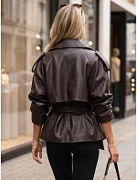 Dámská dvouřadá bunda z ekokůže s páskem, hnědá, FashionStreet TY5912