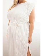 Dámské šaty Plus Size viskózové plisované s vázáním ecru