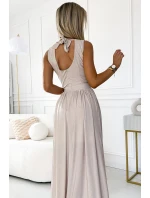 362-8 JUSTINE Dlouhé šaty se srdíčkovým výstřihem a zavazováním na zádech - béžové se třpytkami