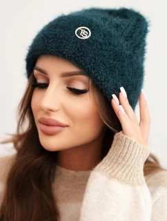 Dámská pletená čepice z viskózy huňatá s ozdobným kovovým knoflíkem mořská