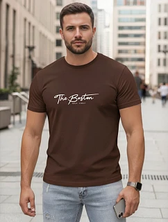 Pánské bavlněné tričko s potiskem „The Boston“, hnědé, FashionStreet NX5129R